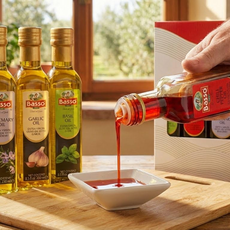 Basso 1904 rosemary-infused olive oil bottle enhances roasted vegetables and grilled meats.