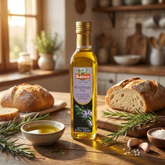 BASSO 1904 Rosemary Oil bottle label showcases premium EVOO quality.