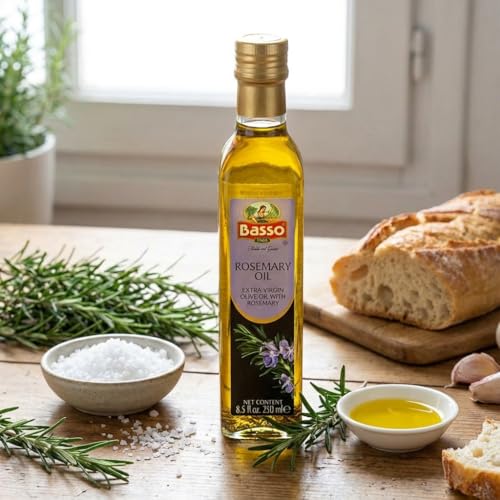 BASSO 1904 Rosemary Oil pour captures aromatic drizzle for cooking and dipping.