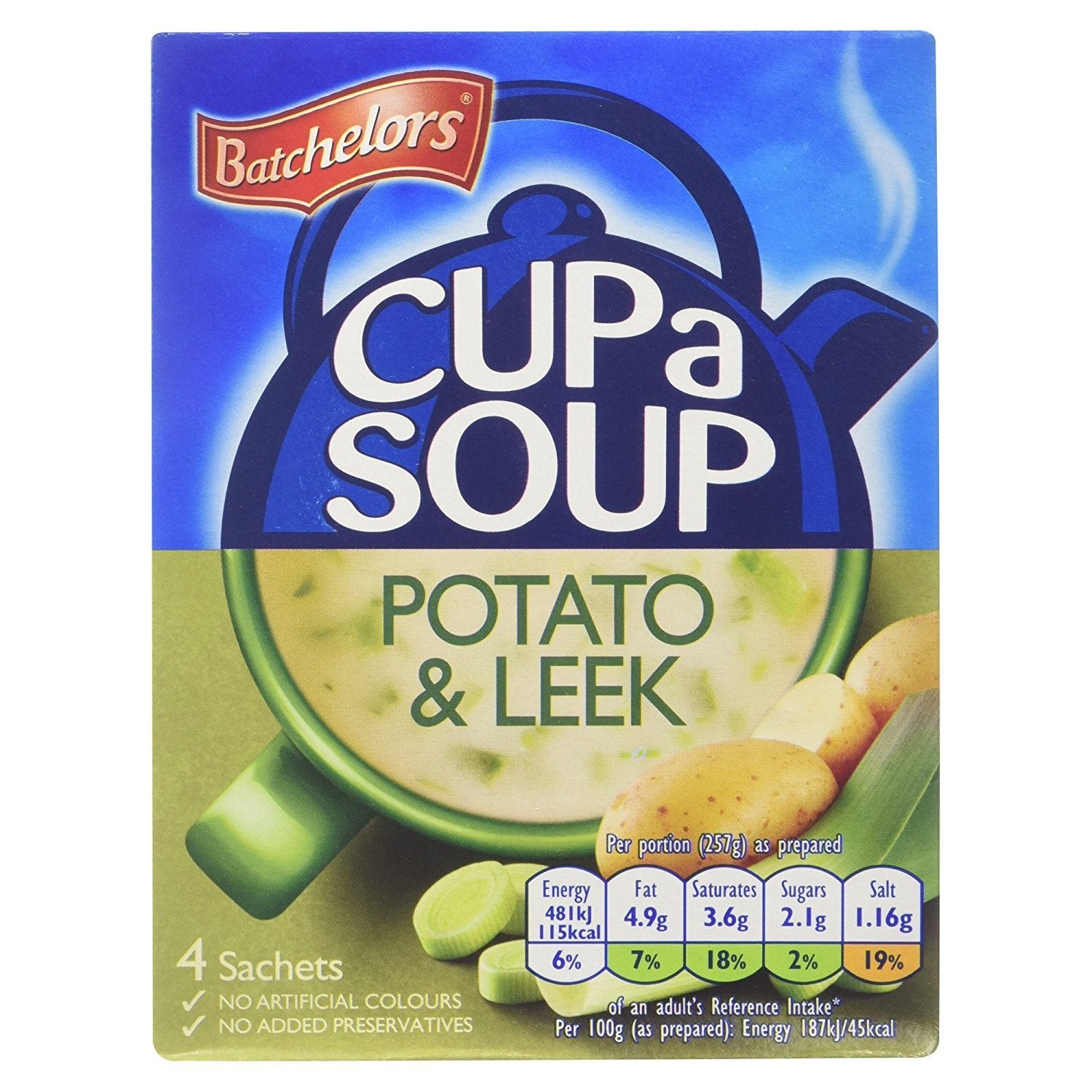 Batchelors Cup a Soup Creamy Potato & Leek pack shot highlighting quick meal option.