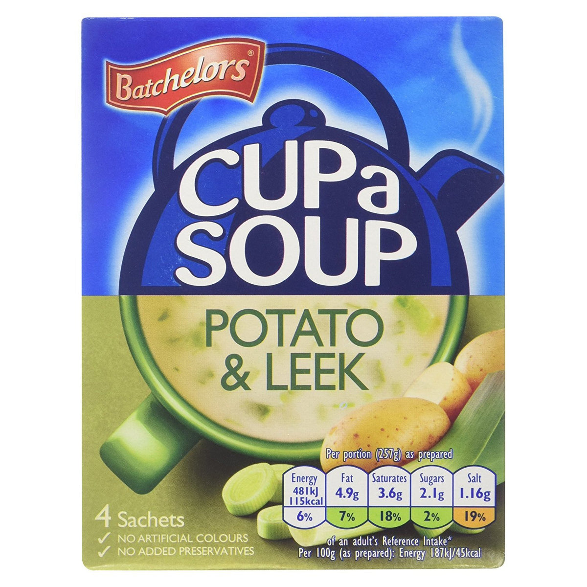 Batchelors Cup a Soup Creamy Potato & Leek pack shot highlighting quick meal option.