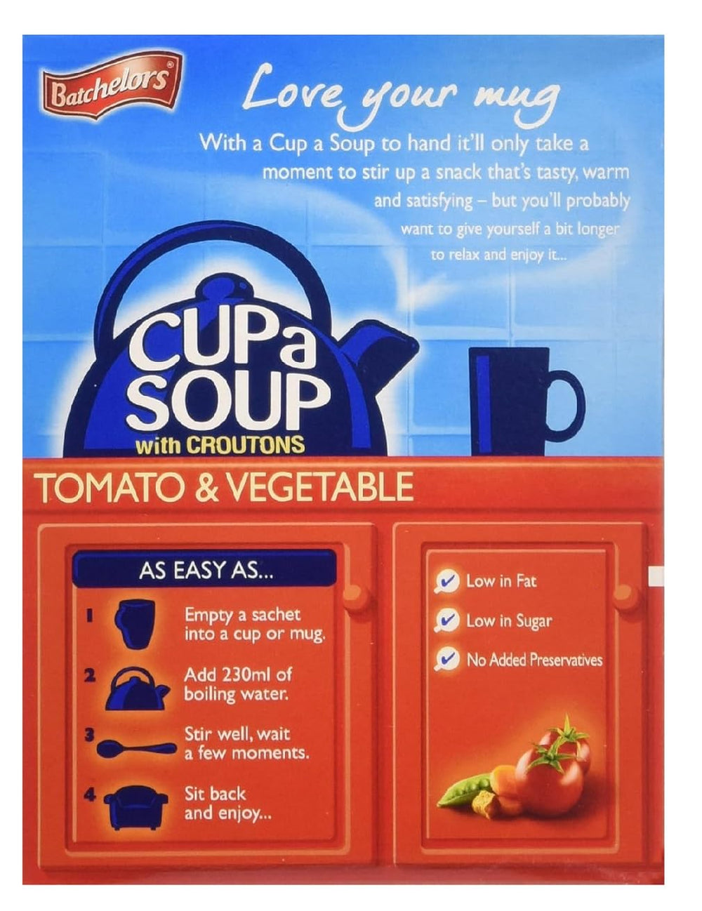 Creamy tomato-vegetable base of Batchelors Cup-a-Soup