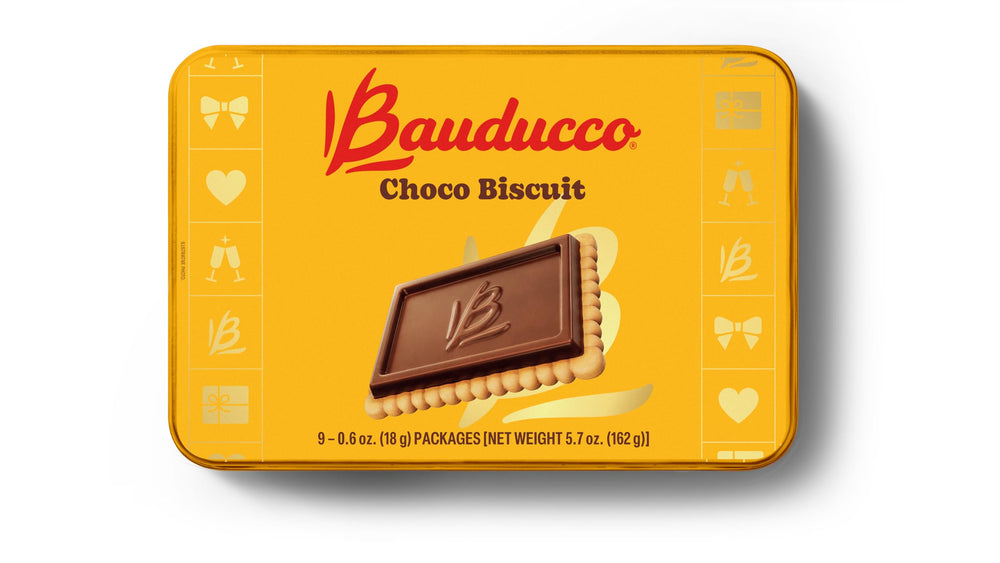Bauducco Choco Biscuit Cookies in a festive tin, ideal for gifting or sharing.