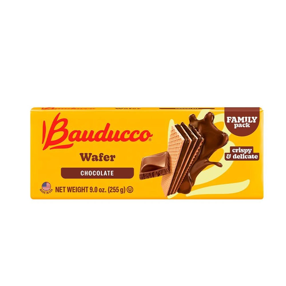Bauducco Chocolate Wafers pack front shows crisp wafers and rich chocolate layers for a premium snack.