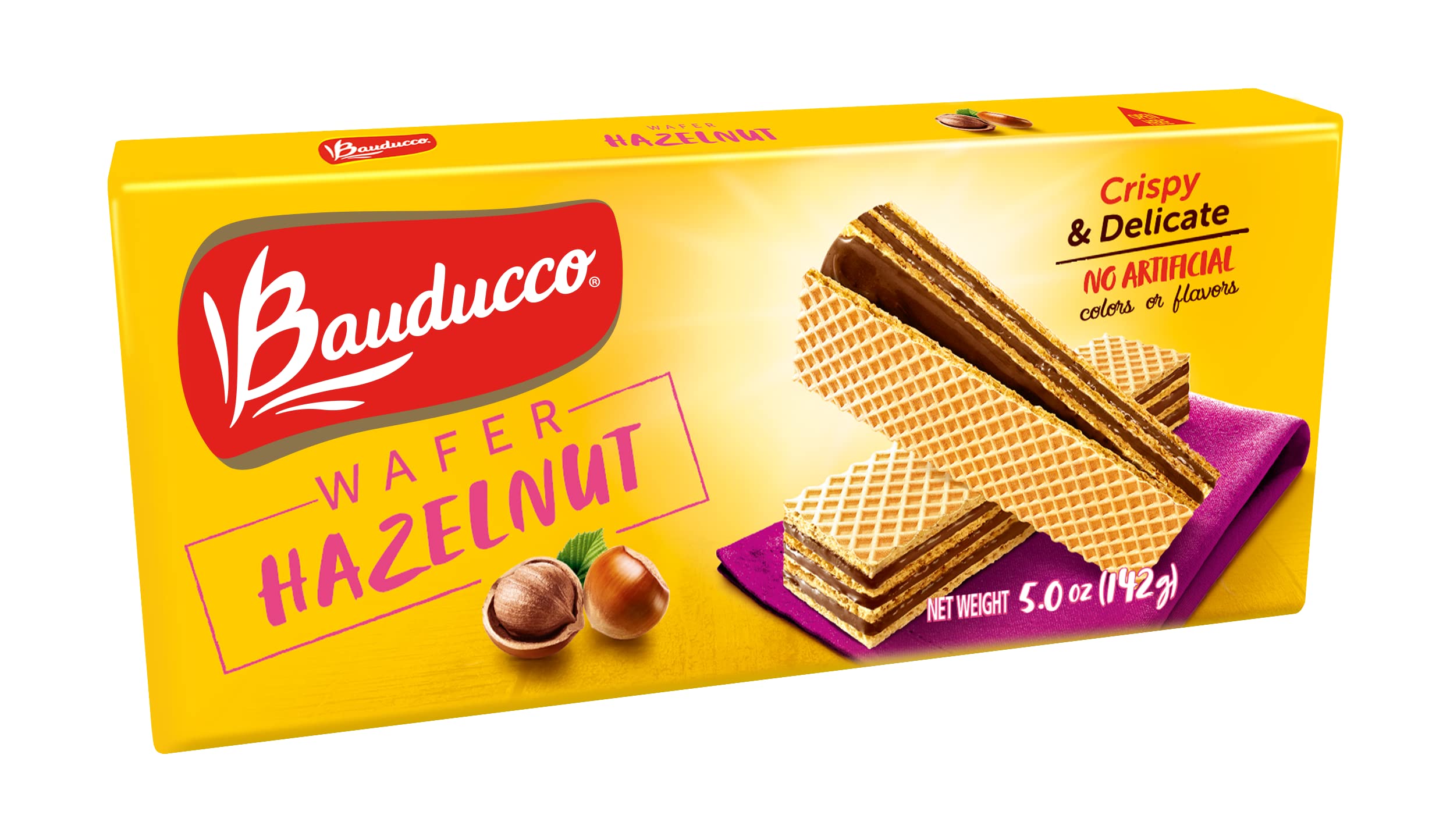 Bauducco hazelnut wafers pack shot ready to enjoy
