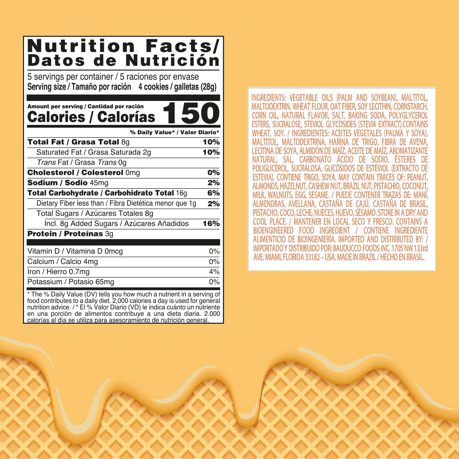 Bauducco wafers cream layers close-up showing triple peanut butter filling.