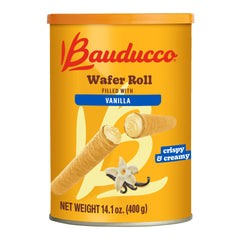 Bauducco Vanilla Wafer Rolls show crispy outer layers and vanilla cream for a gourmet snack.