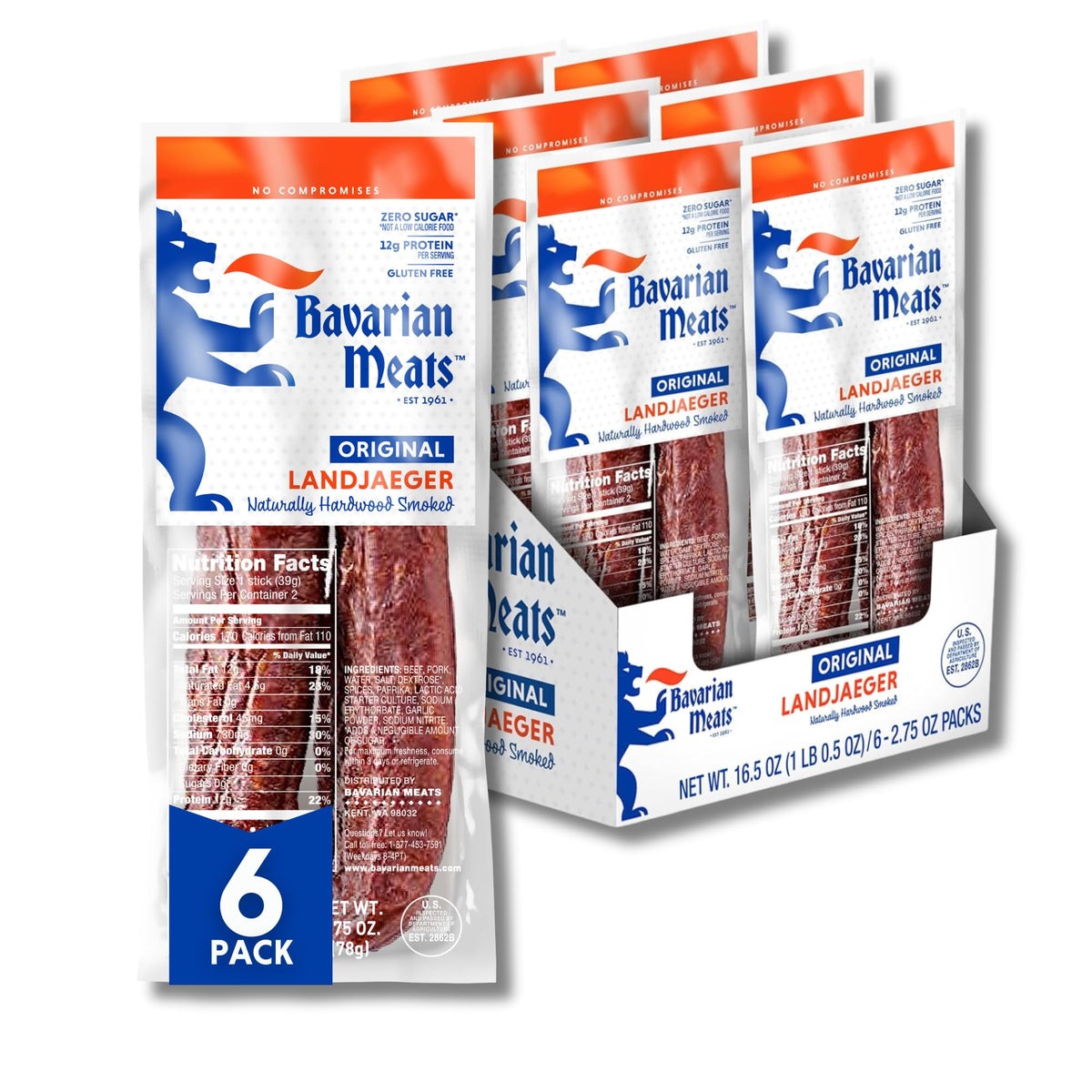Bavarian Meats Landjaeger 6-pack on shelf, ideal for quick protein on outdoor trips.