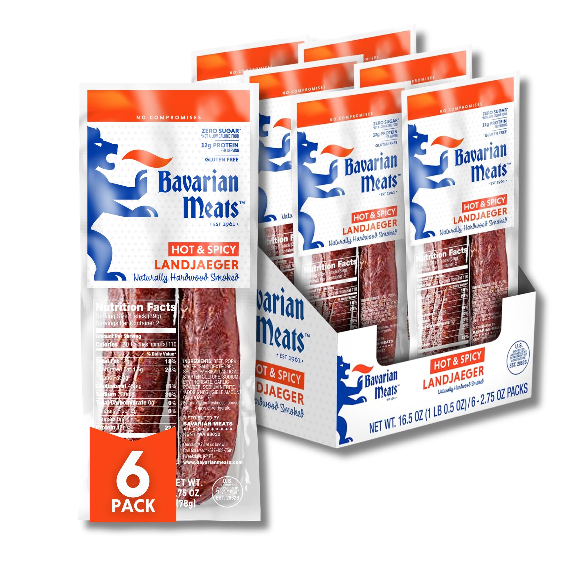 Bavarian Meats Landjaeger hot-spicy six-pack for on-the-go snacking