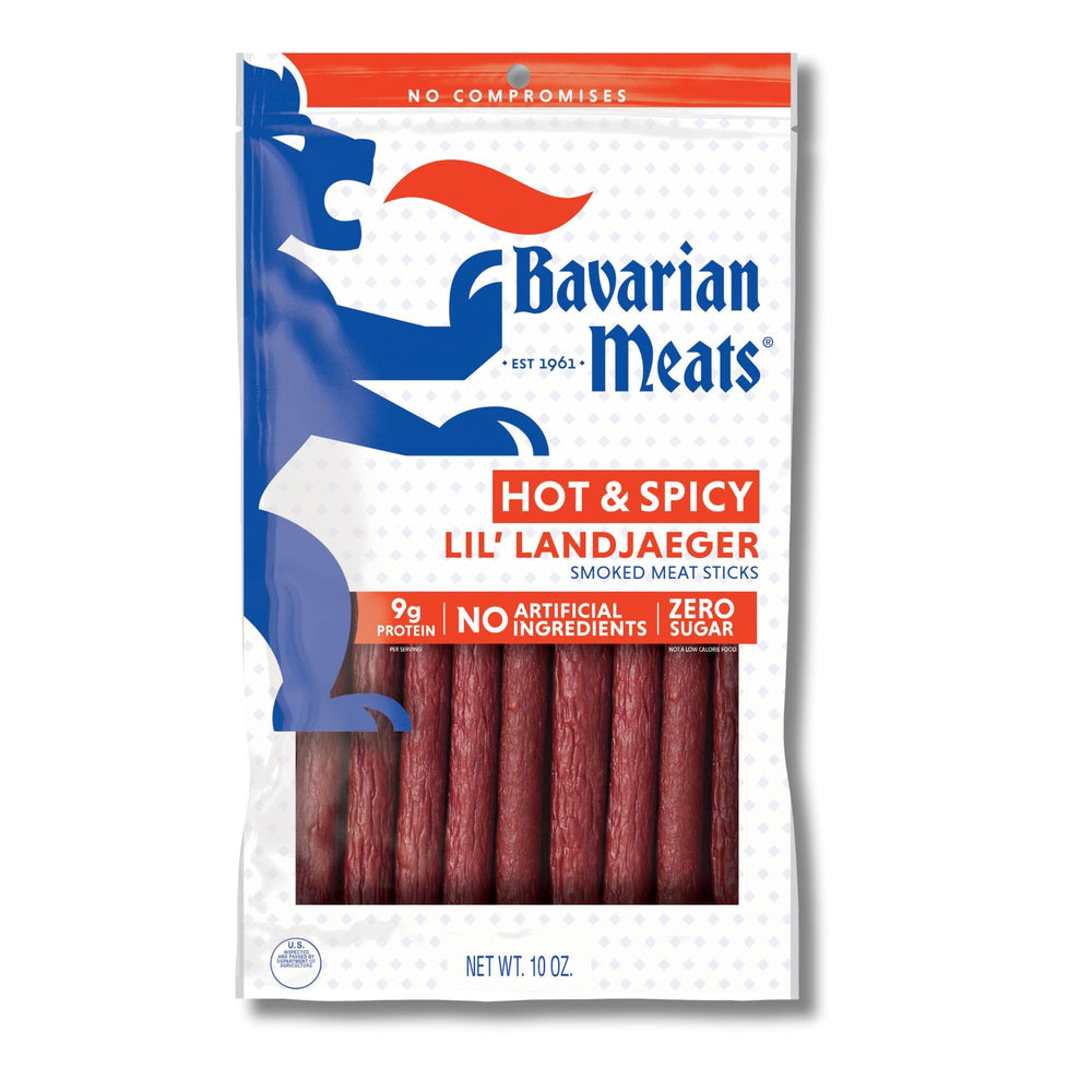 Bavarian Meats Lil' Landjaeger Hot & Spicy pack front shows bold branding and high-protein snack.