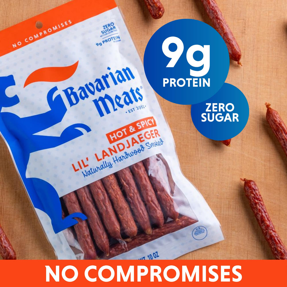Bavarian Meats Lil' Landjaeger Hot & Spicy pack nutrition label highlighting zero sugar and protein.