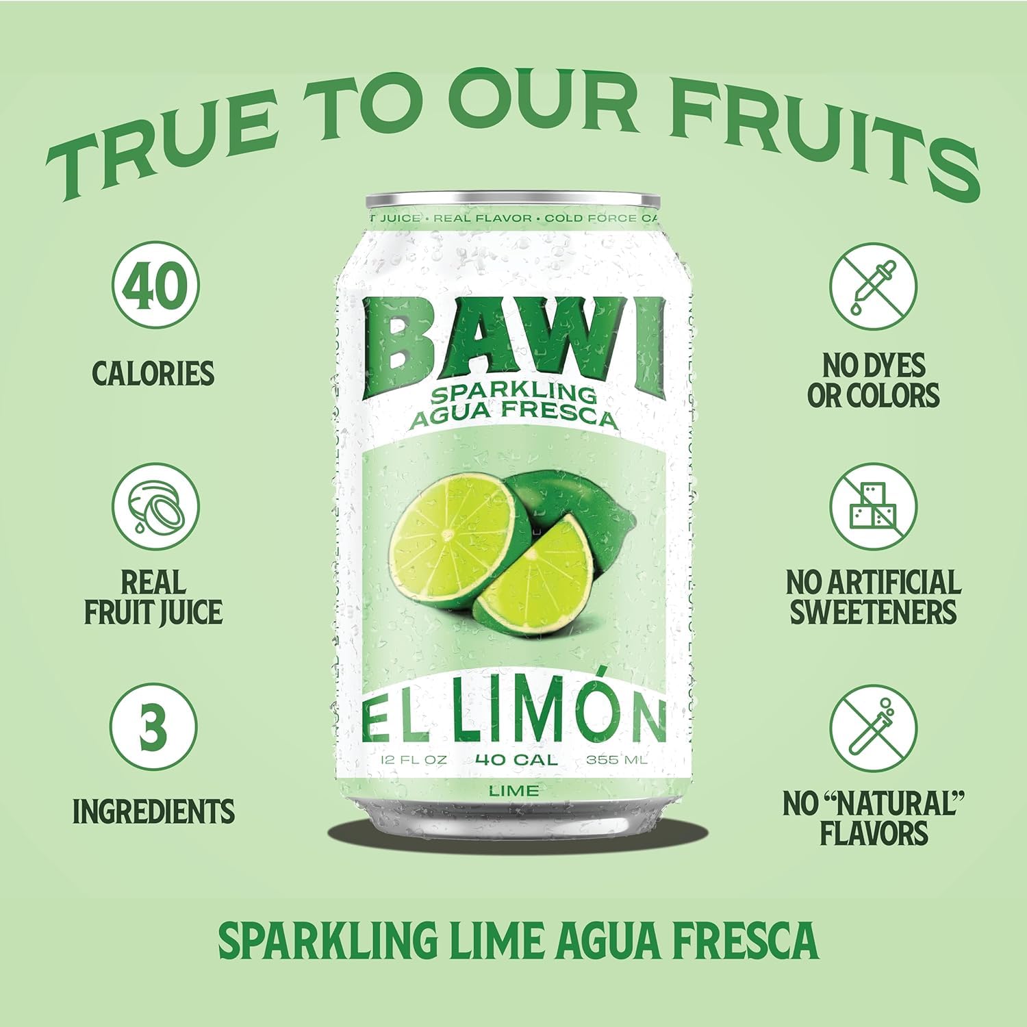 Bawi Sparkling Agua Fresca label close-up, vibrant packaging and natural vibes