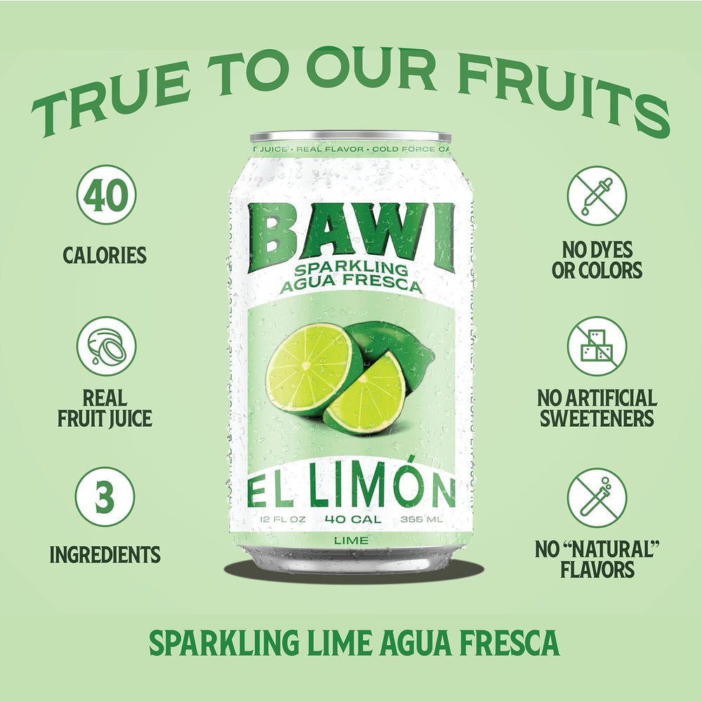 Bawi Sparkling Agua Fresca label close-up, vibrant packaging and natural vibes