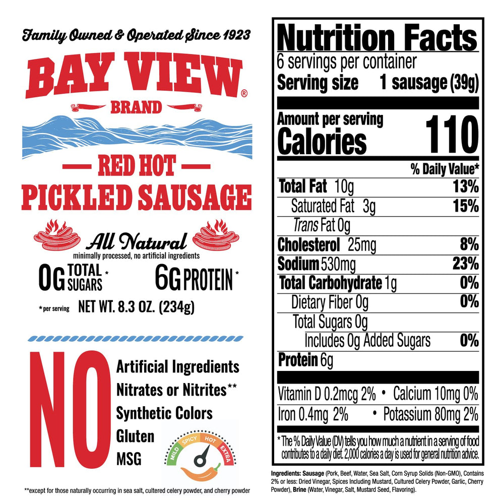 Bay View Brand brined sausage with crisp texture, ideal appetizer or snack