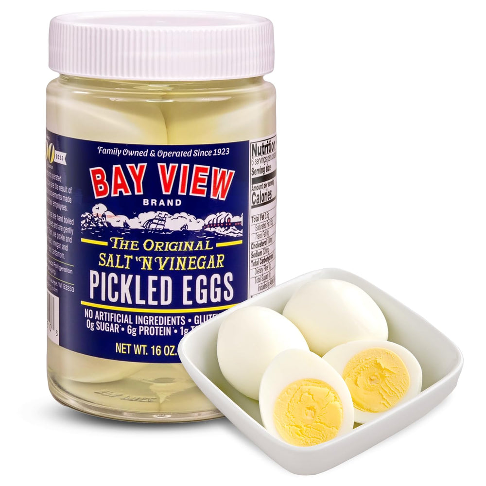 Bay View Brand packaged pickled eggs in a jar, ready-to-eat protein snack.