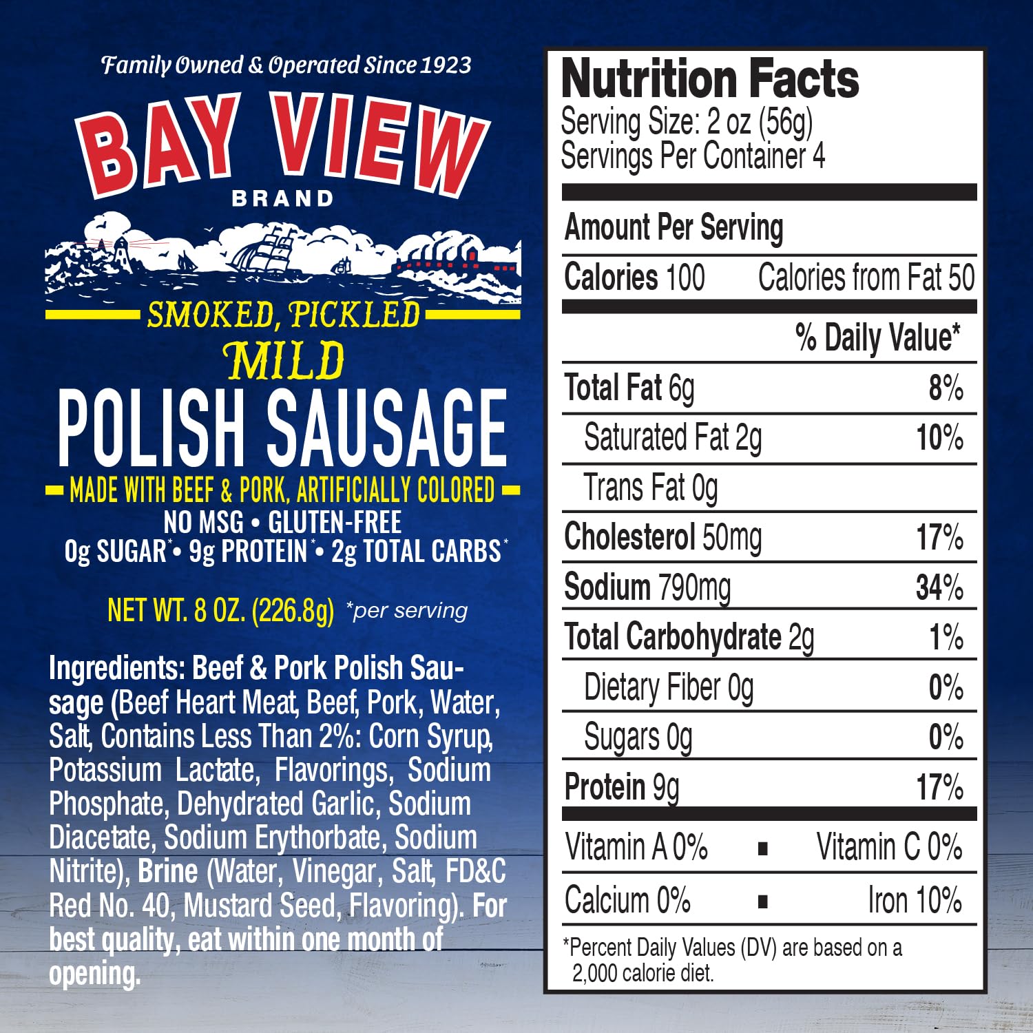 Bay View Brand sausage back label displays gluten free and 0g sugar
