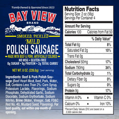 Bay View Brand sausage back label displays gluten free and 0g sugar