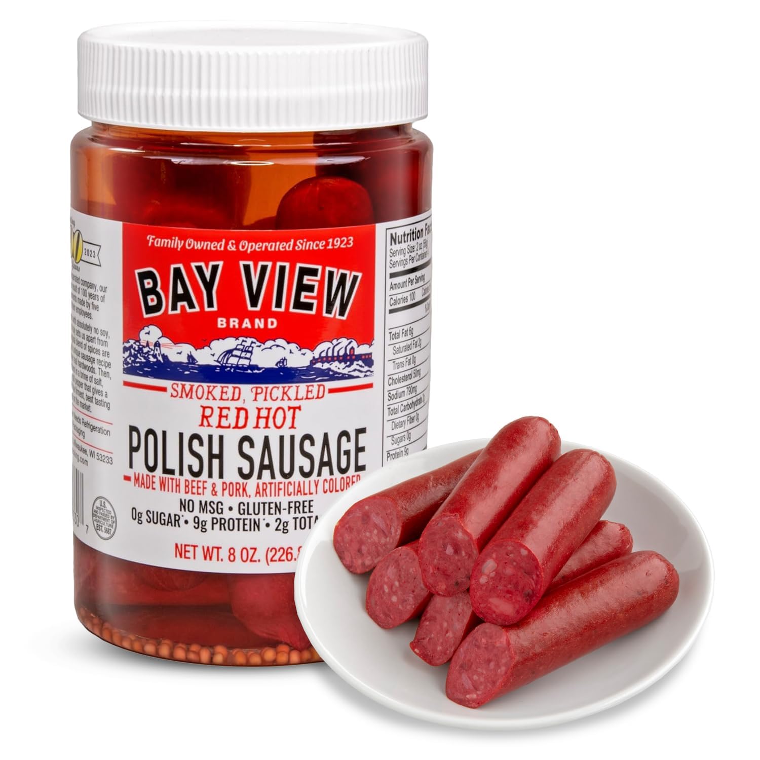 Bay View Brand smoked pickled sausage 8oz, ready for bold Red Hot snacking