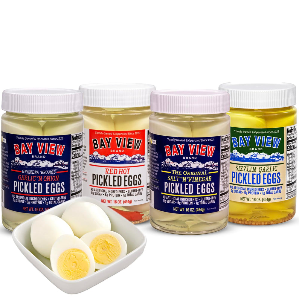 Bay View Pickled Eggs jar closeup showing a protein-rich snack ready to enjoy