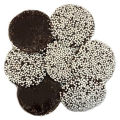 Bayside Candy Nonpareil Snow Caps close-up showing crisp sugar beads on dark chocolate