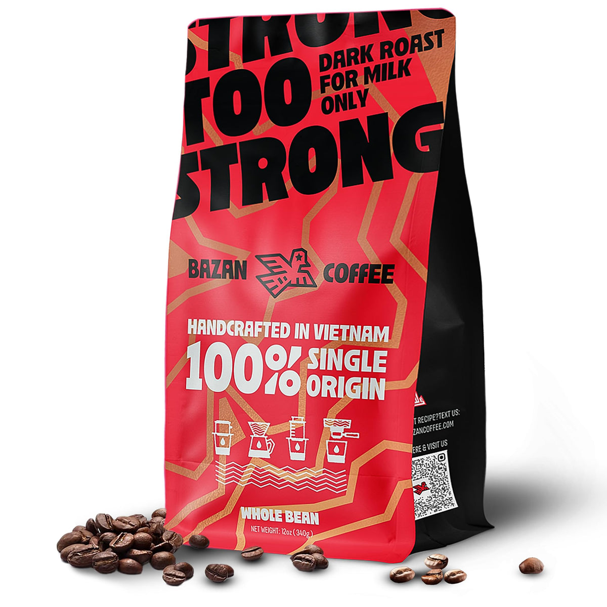 BAZAN COFFEE Too Strong Robusta bag highlights bold whole-bean flavor for a robust espresso.