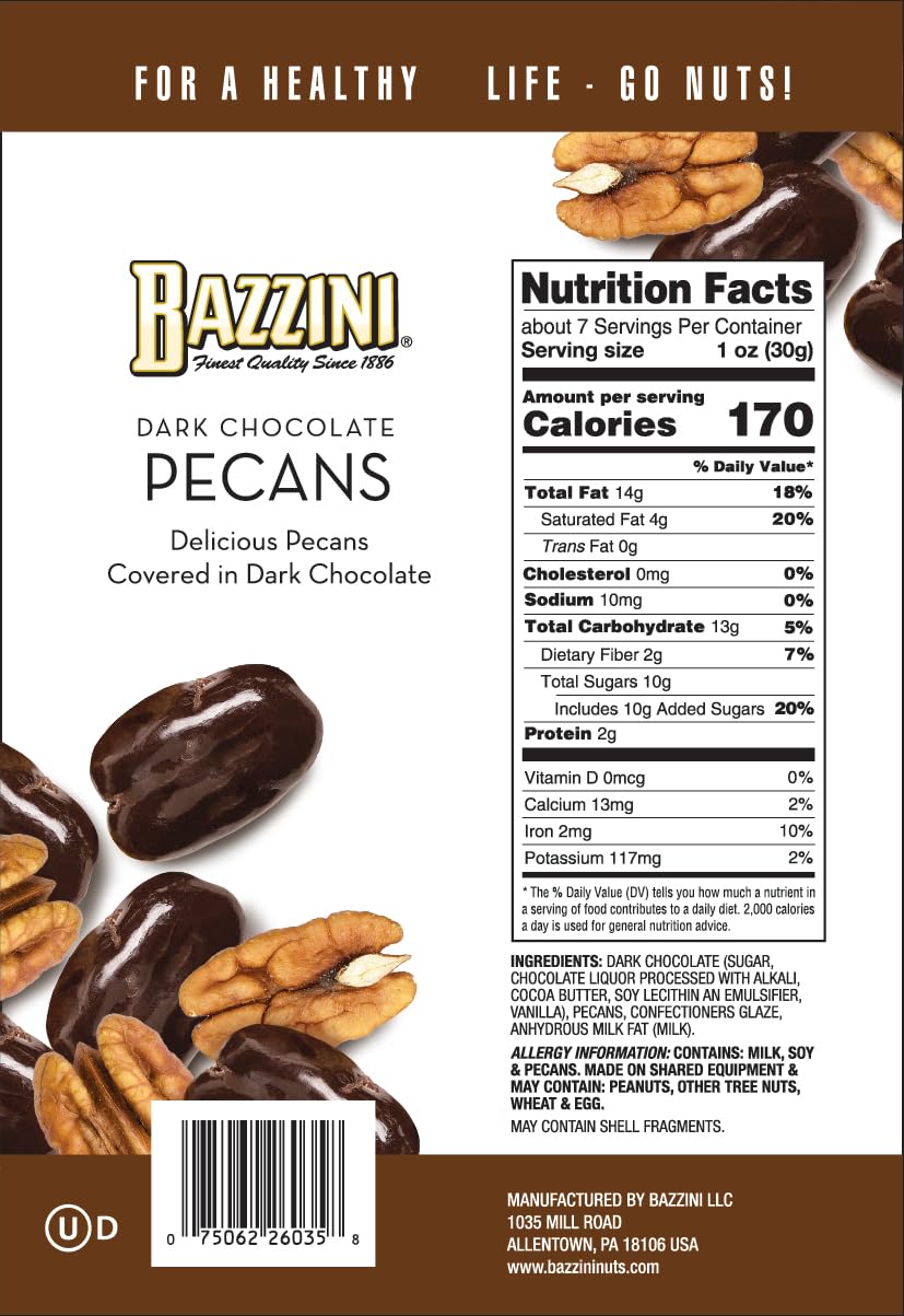 Close-up of Bazzini pecans with a crunchy texture and glossy coating.