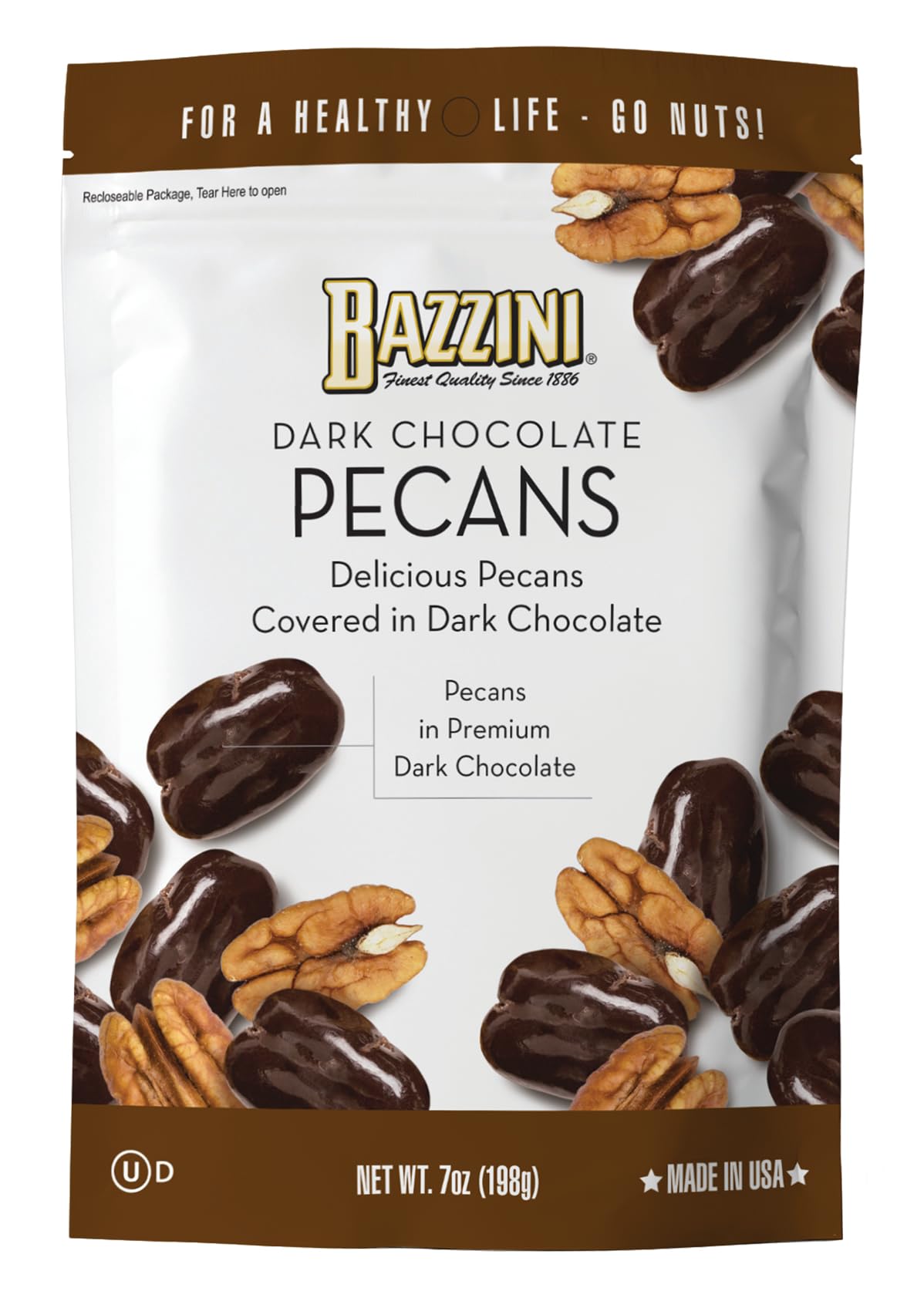 Bazzini dark chocolate pecans pouch for premium snacking on the go.