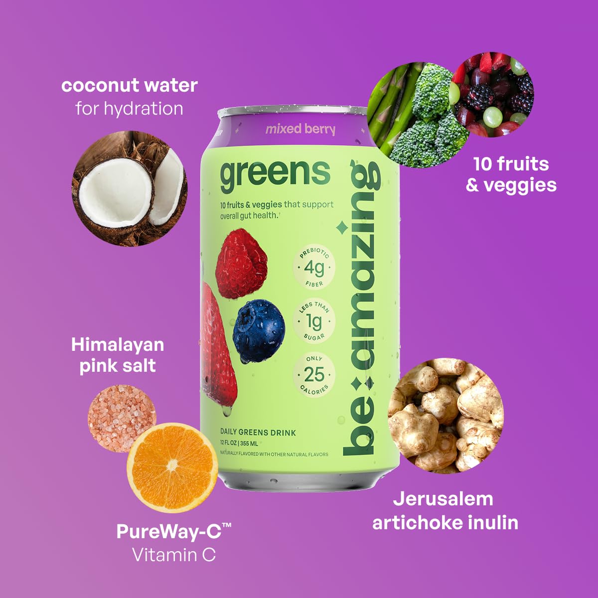 Be Amazing Greens Drink coconut water graphic indicating hydration support