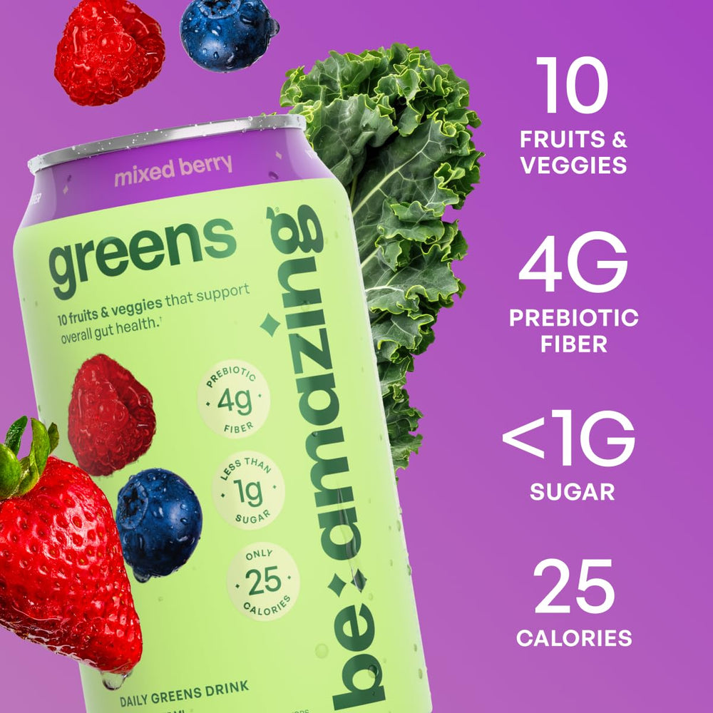 Be Amazing Greens Drink front label highlighting vitamins and 10 fruits
