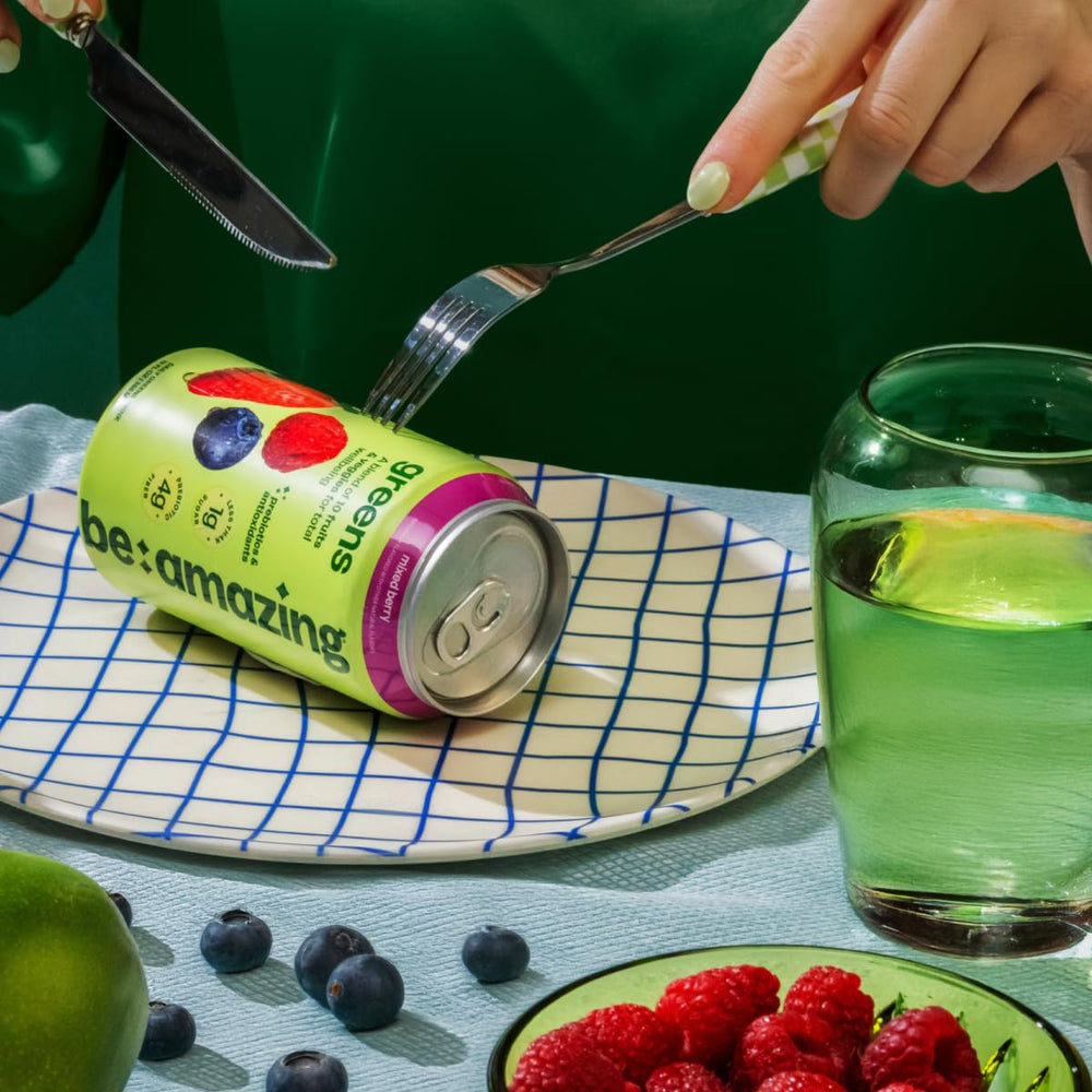Be Amazing Greens Drink ingredients photo with berries and greens