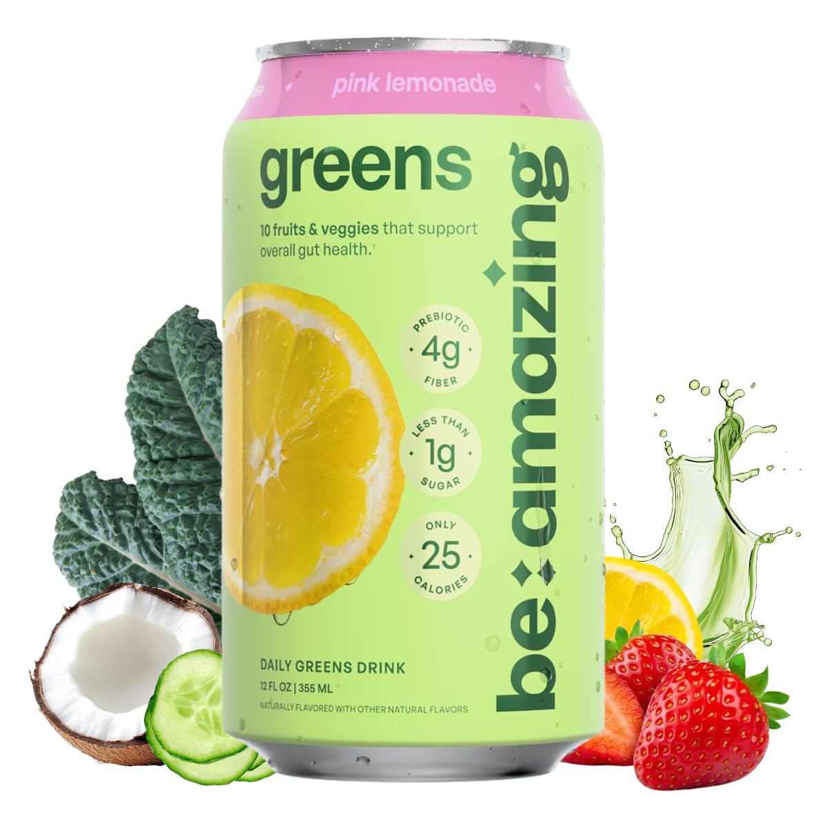 Be Amazing Greens Drink Pink Lemonade can front view highlights refreshing flavor and bright color