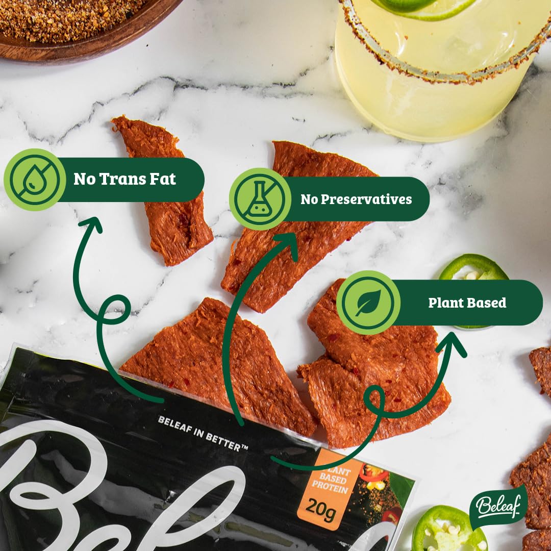 BE LEAF high-protein jerky label notes up to 20g per bag.