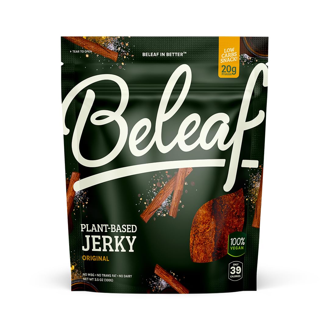 BE LEAF Original jerky pack close-up highlighting savory plant-based texture and protein appeal.