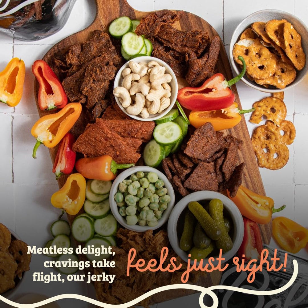 BE LEAF premium vegan jerky close-up emphasizes quality and texture.