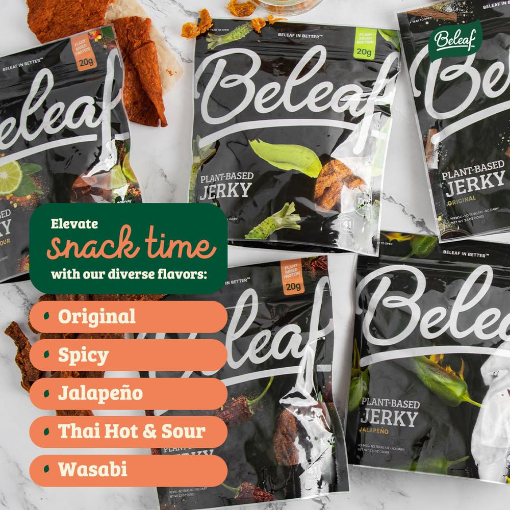 BE LEAF Thai Hot & Sour jerky slice on board suggests serving ideas.