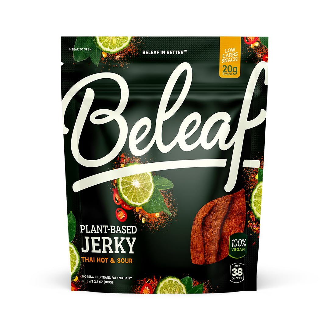 BE LEAF Thai Hot & Sour jerky pack shows bold flavor and protein-rich snack.
