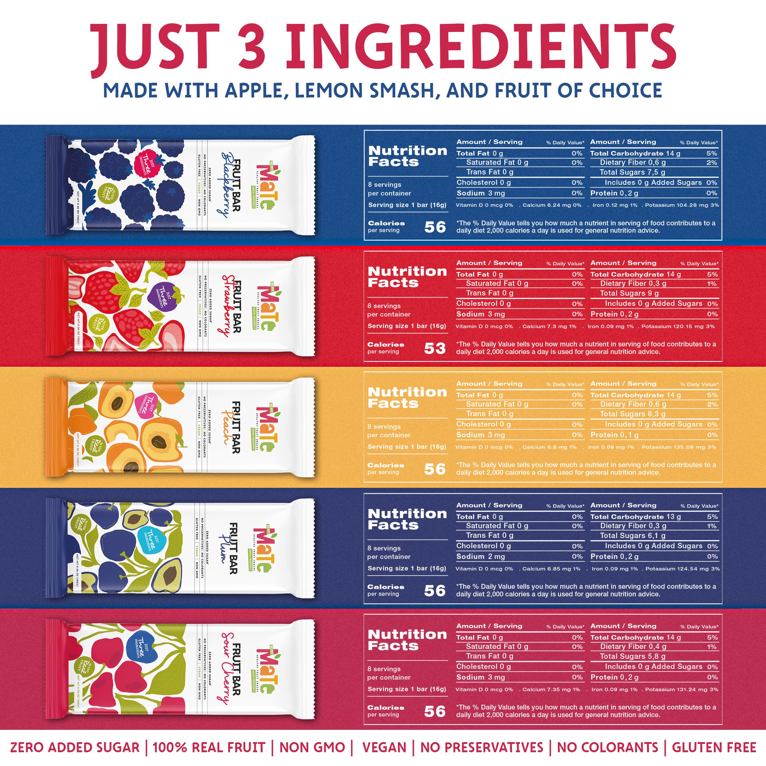 BE MY MaTe Mate Fruit Bars eight flavor display showcases colorful fruit snacks