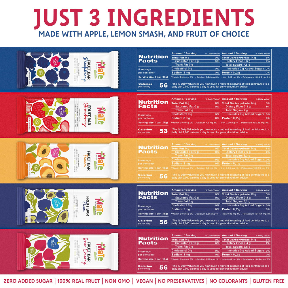 BE MY MaTe Mate Fruit Bars eight flavor display showcases colorful fruit snacks