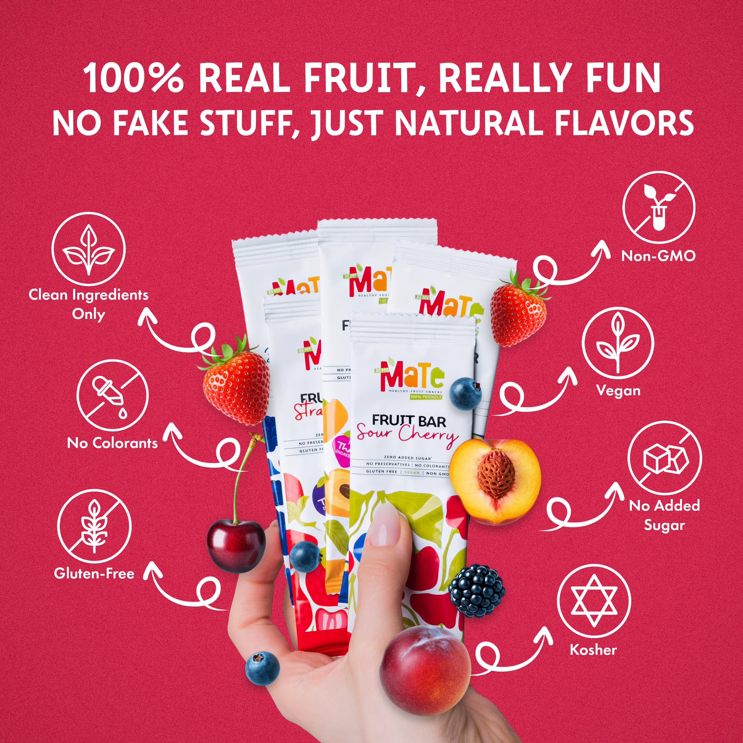 BE MY MaTe Mate Fruit Bars packaging on left highlights clean gluten-free ingredients