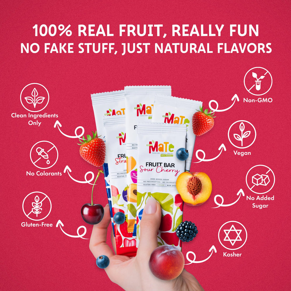 BE MY MaTe Mate Fruit Bars packaging on left highlights clean gluten-free ingredients