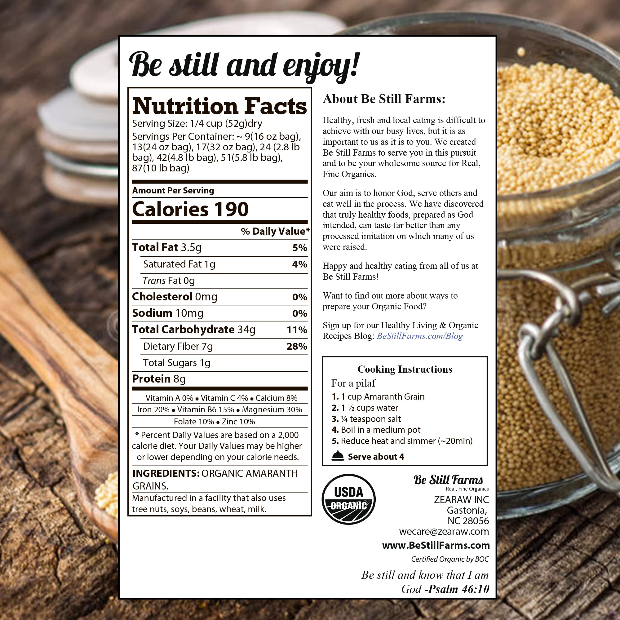 Be Still Farms amaranth grain with scoop in bag, perfect for gluten-free breakfasts.