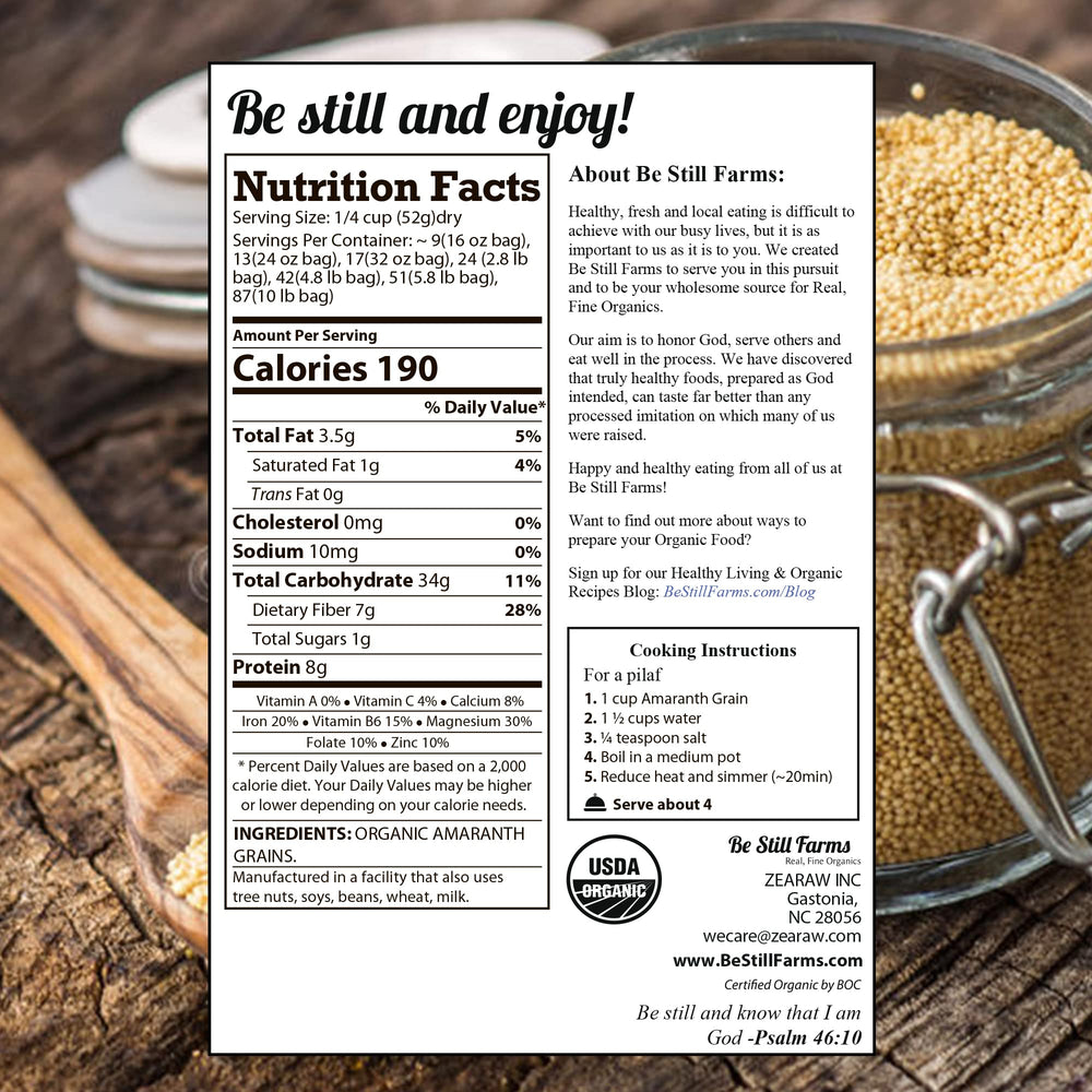 Be Still Farms amaranth grain with scoop in bag, perfect for gluten-free breakfasts.