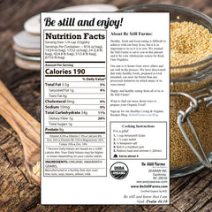 Be Still Farms amaranth grain with scoop in bag, perfect for gluten-free breakfasts.