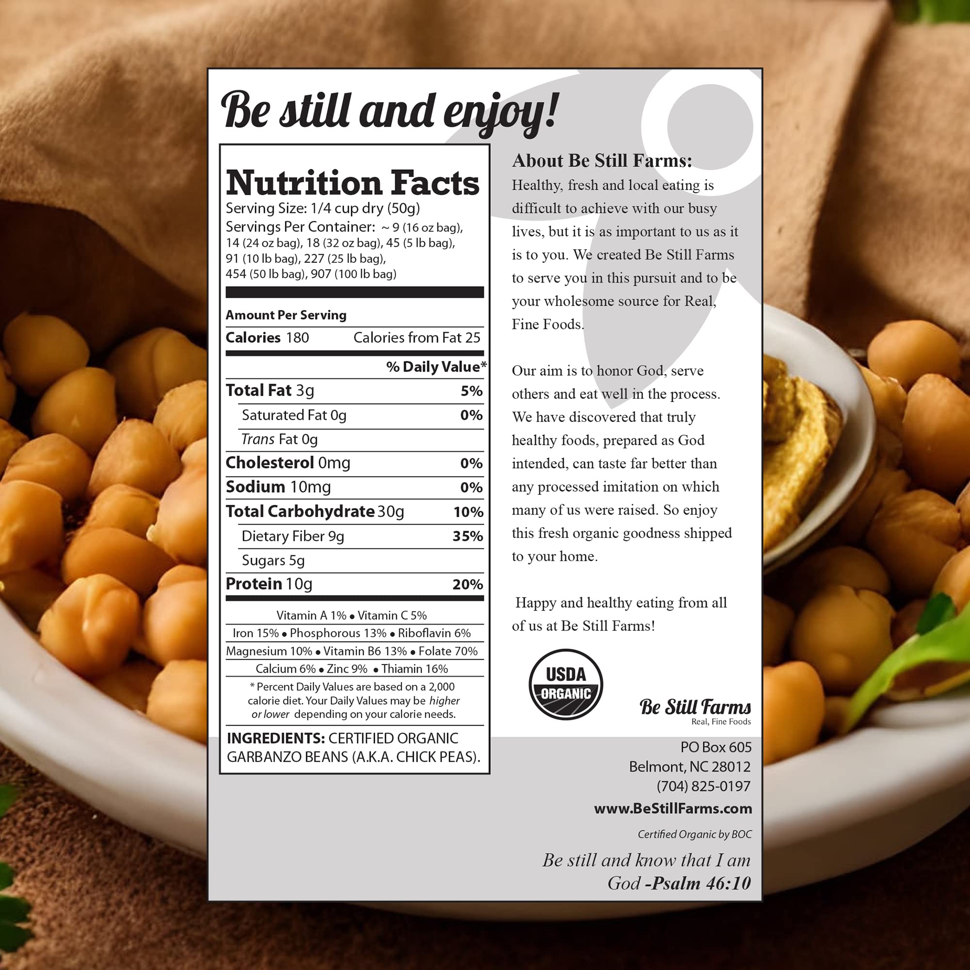 Be Still Farms garbanzo beans ideal for homemade hummus and Mediterranean dishes.