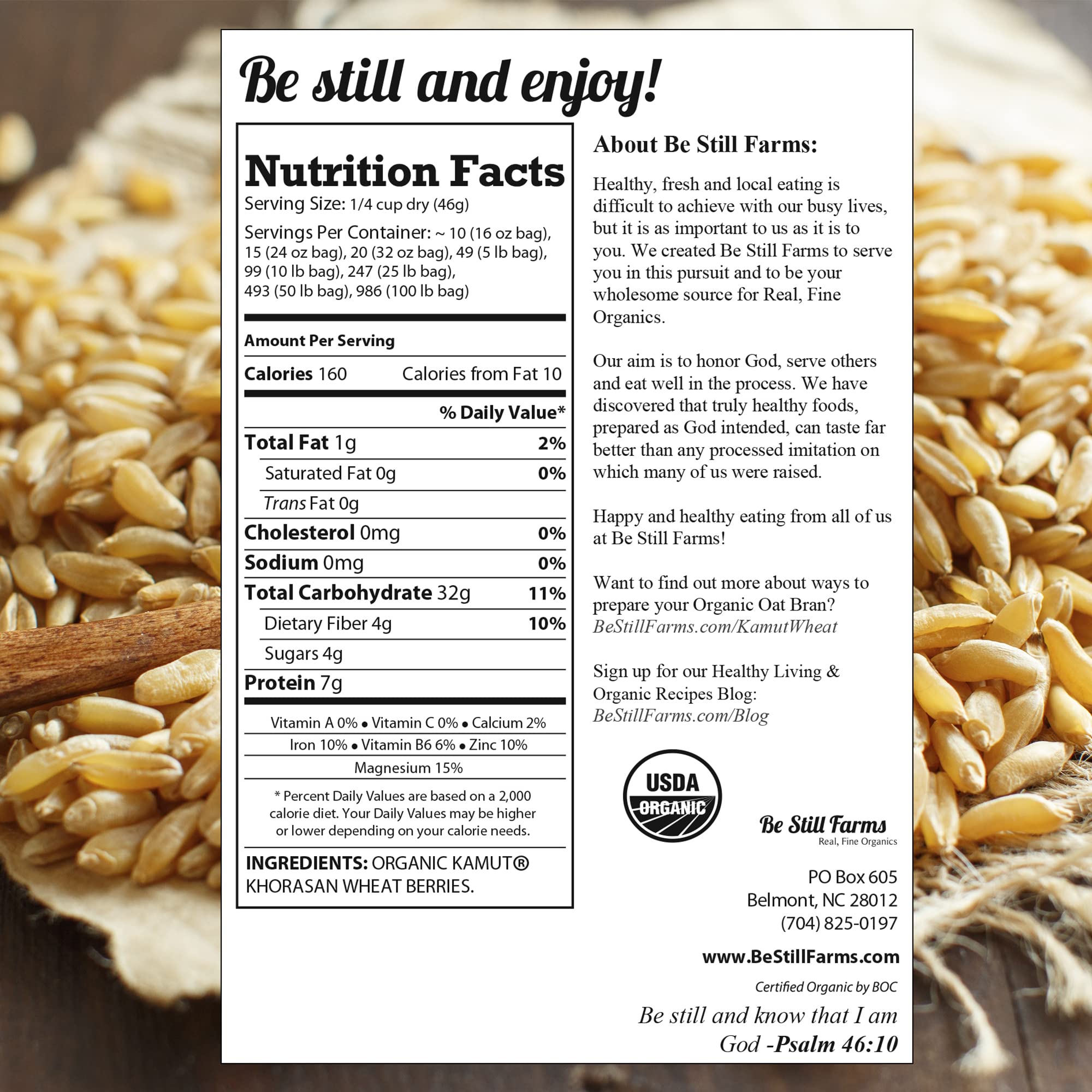 Be Still Farms Kamut wheat berries organic packaging shown