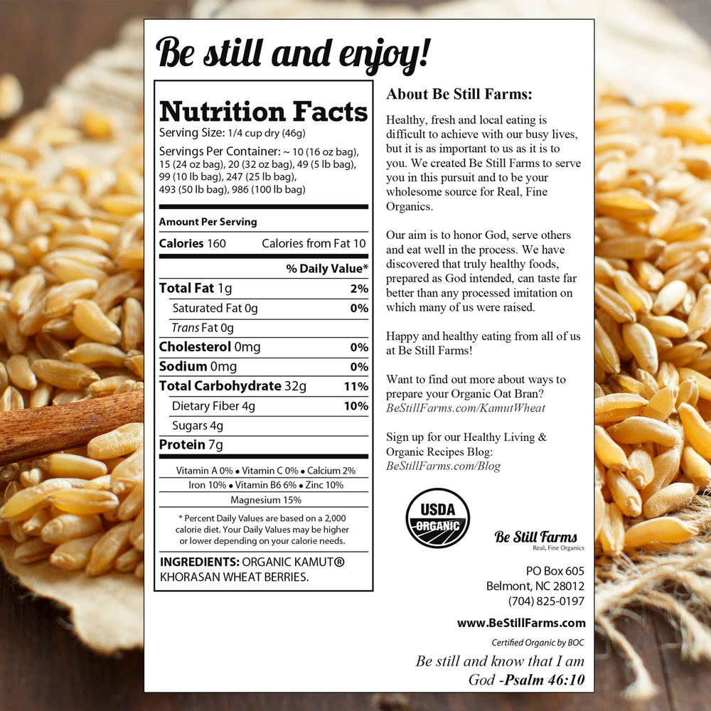 Be Still Farms Kamut wheat berries organic packaging shown