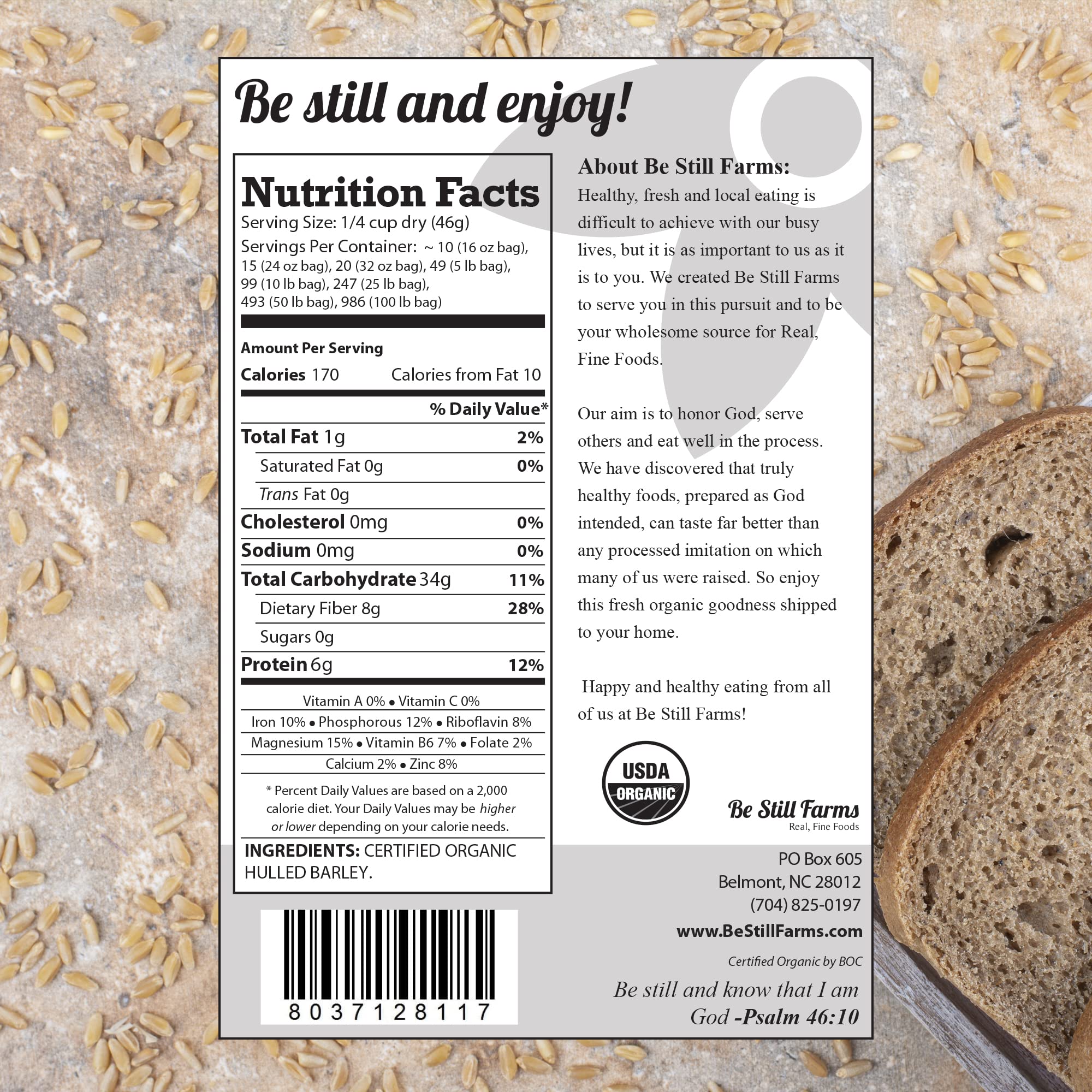 Be Still Farms Hulled Barley raw grains closeup, high-fiber plant-based ingredient for breakfast bowls.