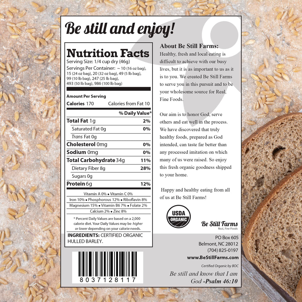 Be Still Farms Hulled Barley raw grains closeup, high-fiber plant-based ingredient for breakfast bowls.