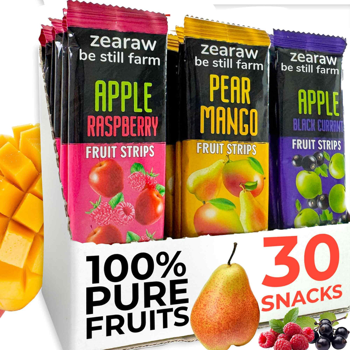 Be Still Farms ZEARAW variety box of fruit snacks, gluten-free and vegan.