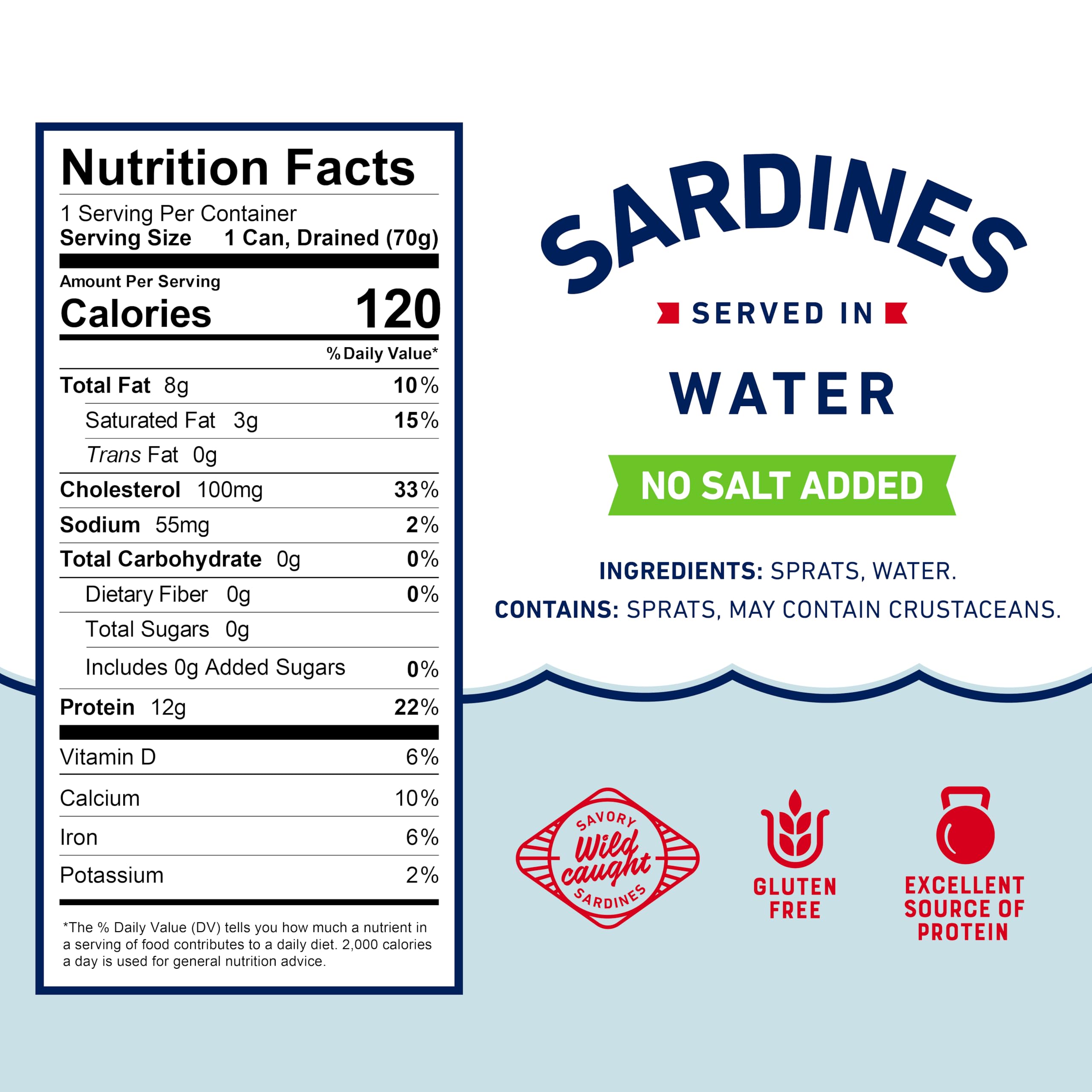 Beach Cliff sardines label front, wild caught and no salt added.